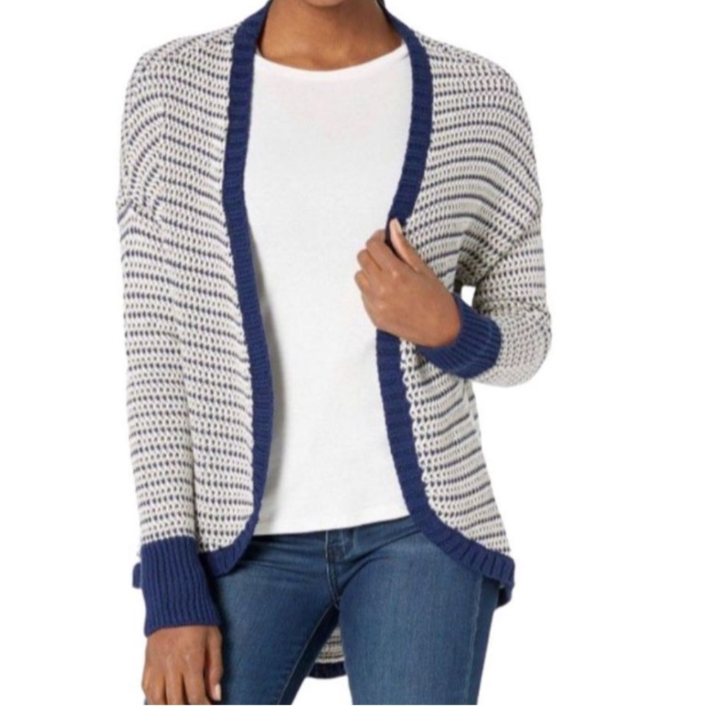United by Blu Womens Blue Tan White Long Sleeve Open Knit Sweater Cardigan Large